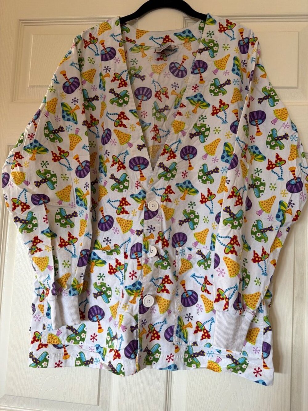 Colorful Mushroom Print S.C.R.U.B.S. Button-Front Jacket 100% Cotton Size M Made